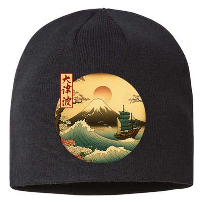 Japanese Old Ship And Mountain Fuji Kanji Japan Art Sustainable Beanie