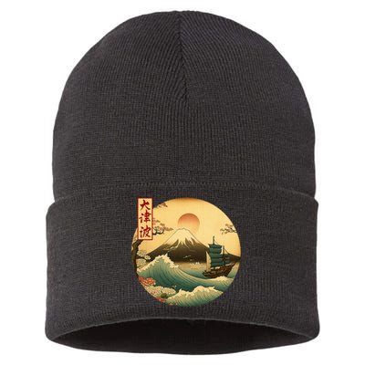 Japanese Old Ship And Mountain Fuji Kanji Japan Art Sustainable Knit Beanie