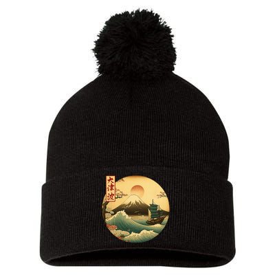 Japanese Old Ship And Mountain Fuji Kanji Japan Art Pom Pom 12in Knit Beanie