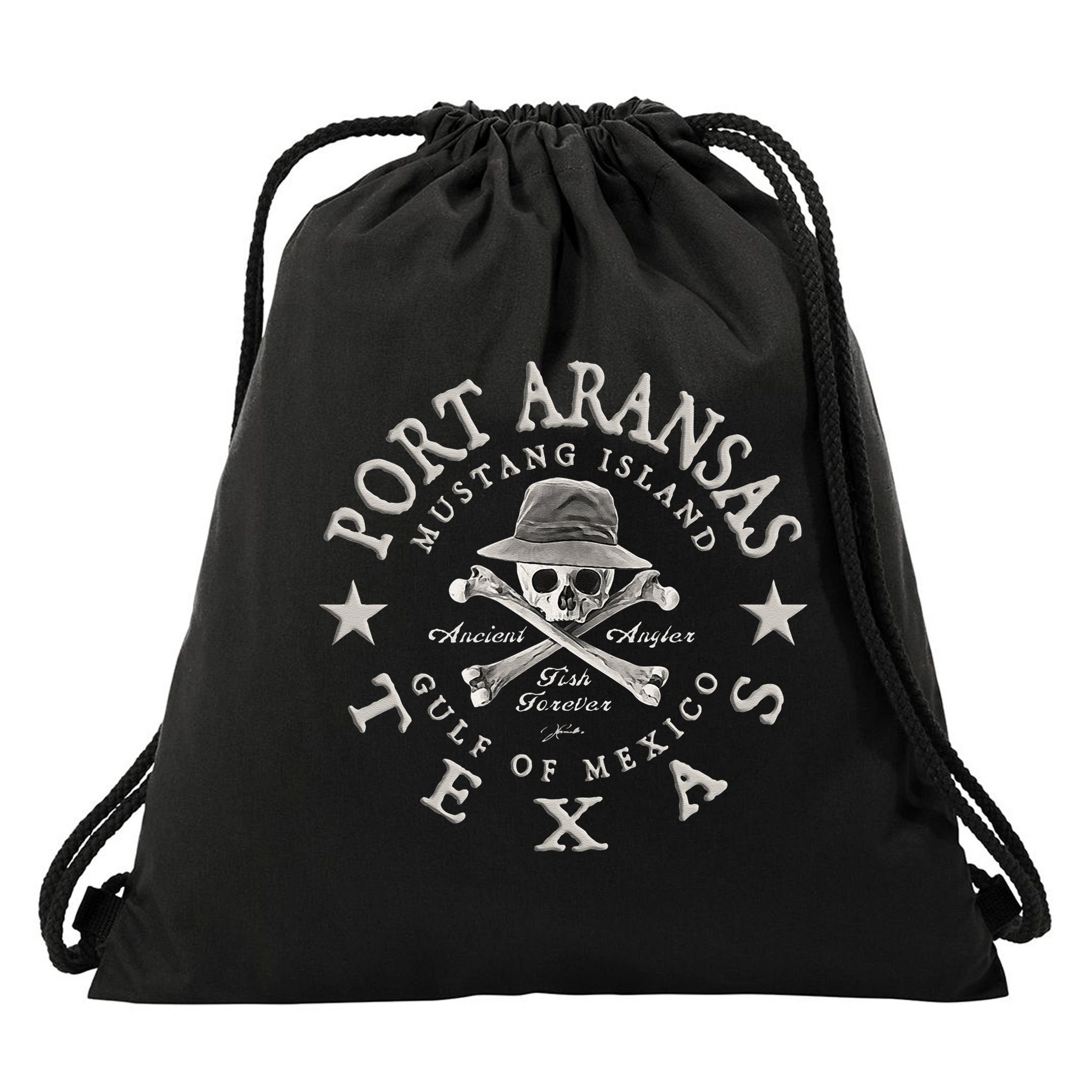 JCombs Port Aransas Texas Ancient Angler Fishing Drawstring Bag