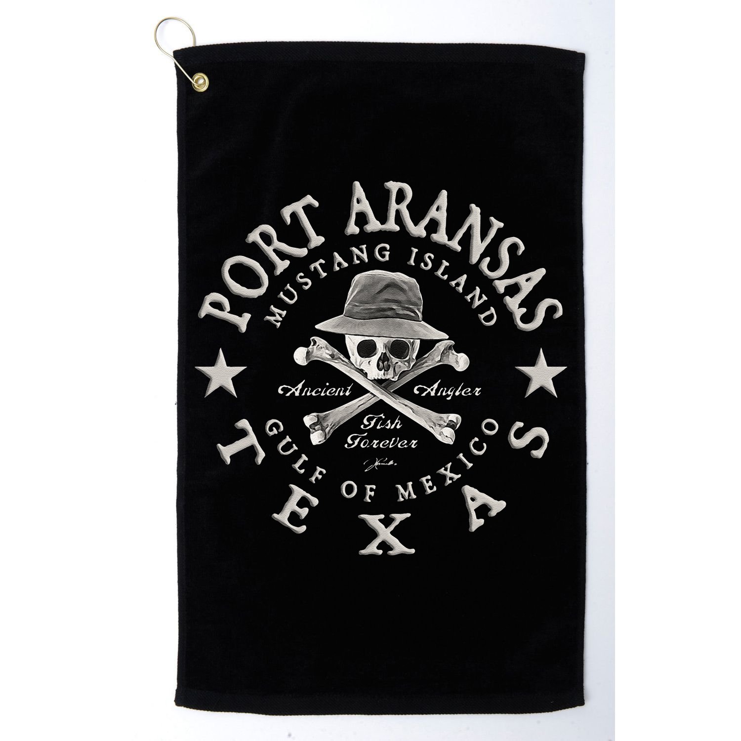 JCombs Port Aransas Texas Ancient Angler Fishing Golf Towel