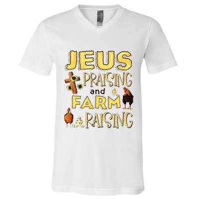 Jesus Praising And Farm Raising Chicken Farmer Christian V-Neck T-Shirt