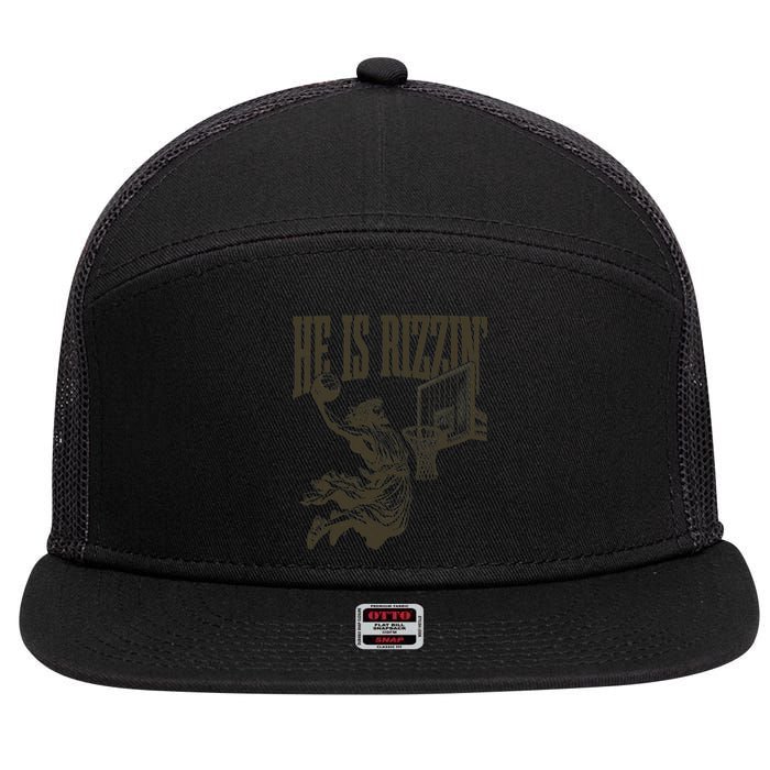 Jesus Playing Basketball He Is Rizzin 7 Panel Mesh Trucker Snapback Hat