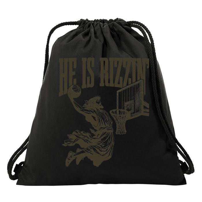 Jesus Playing Basketball He Is Rizzin Drawstring Bag
