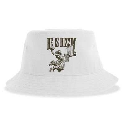 Jesus Playing Basketball He Is Rizzin Sustainable Bucket Hat