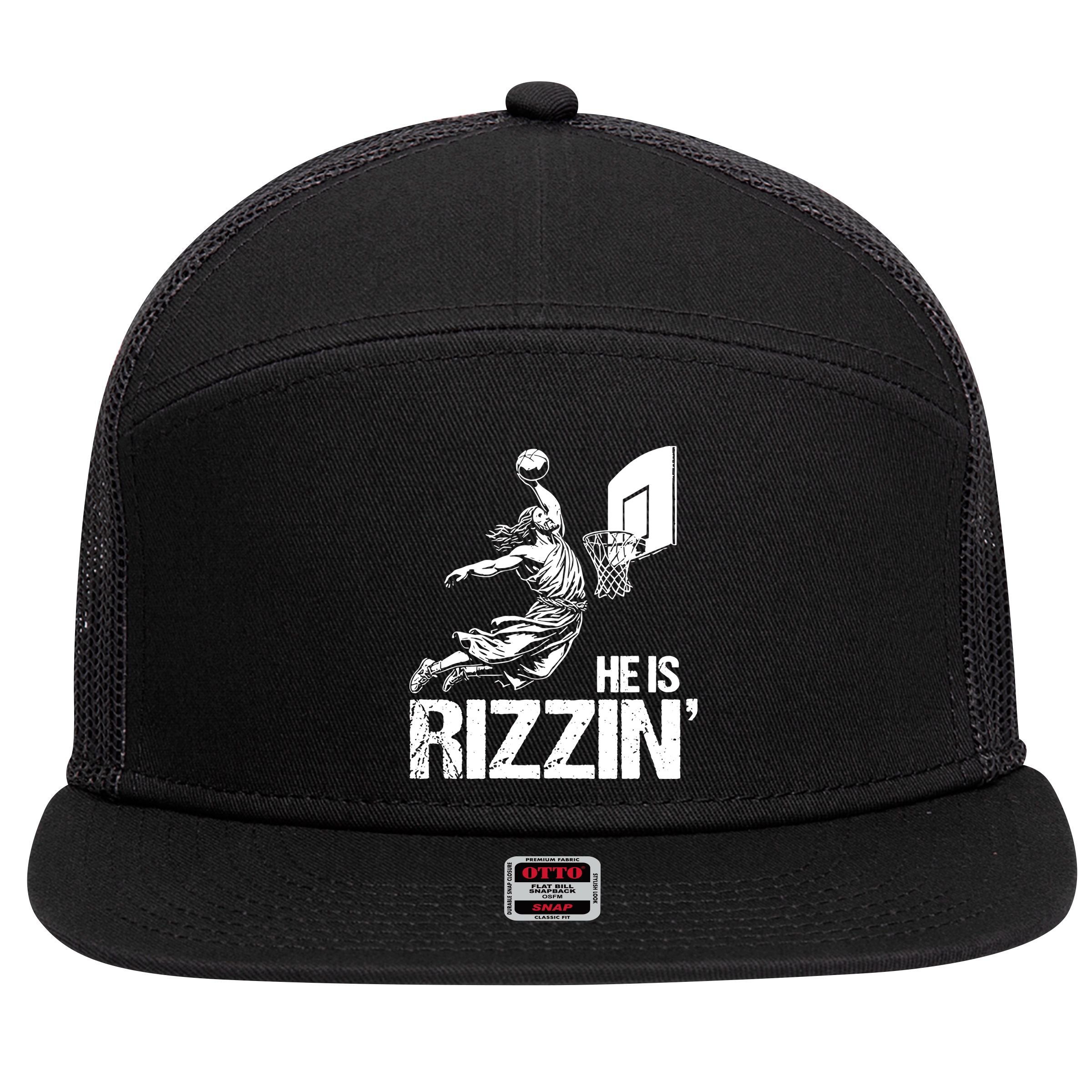 Jesus Playing Basketball He Is Rizzin Trending Funny Jesus 7 Panel Mesh Trucker Snapback Hat