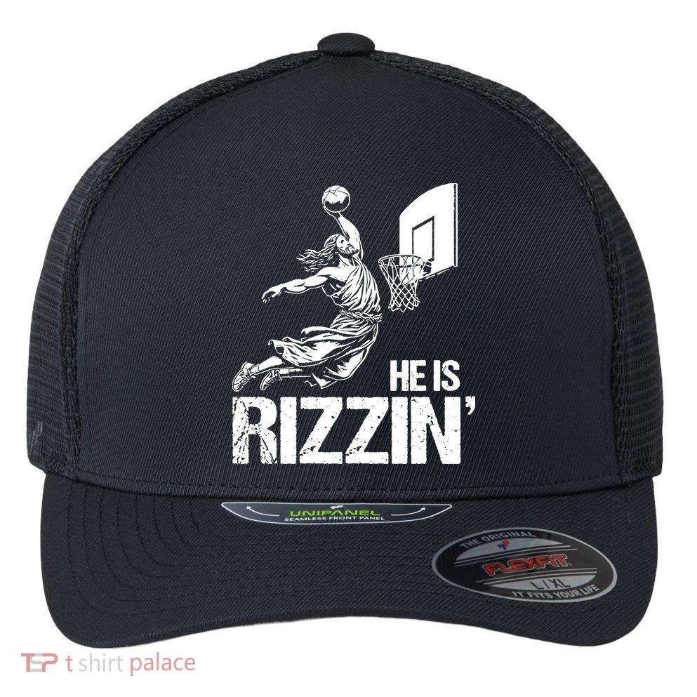 Jesus Playing Basketball He Is Rizzin Trending Funny Jesus Flexfit Unipanel Trucker Cap