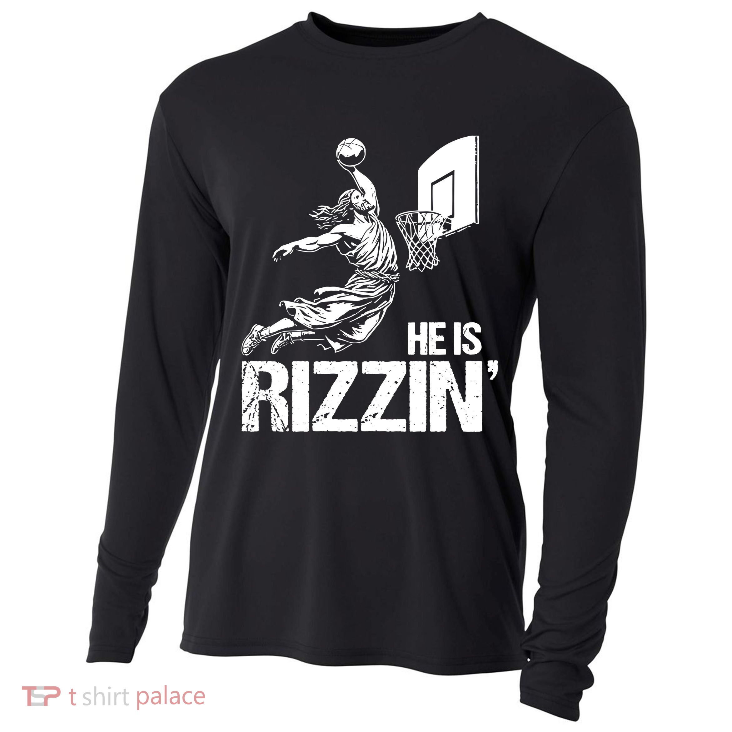 Jesus Playing Basketball He Is Rizzin Trending Funny Jesus Cooling Performance Long Sleeve Crew