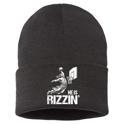 Jesus Playing Basketball He Is Rizzin Trending Funny Jesus Sustainable Knit Beanie