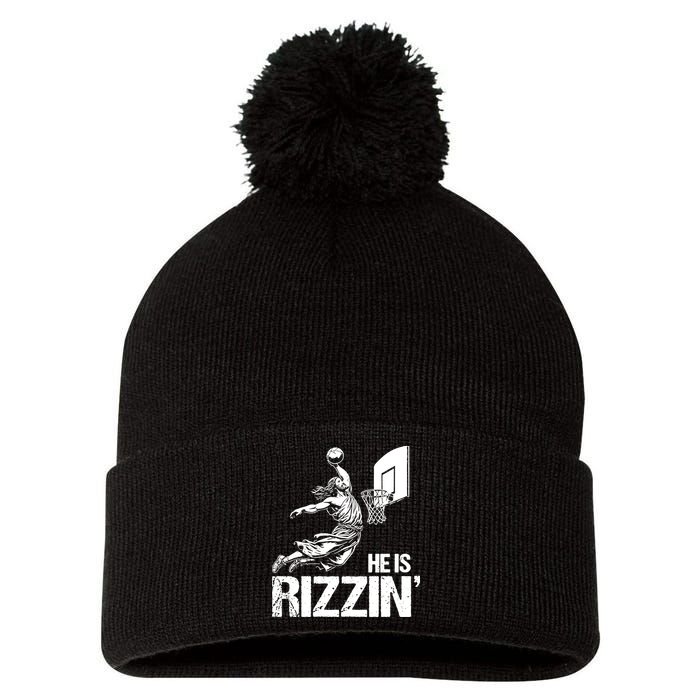 Jesus Playing Basketball He Is Rizzin Trending Funny Jesus Pom Pom 12in Knit Beanie