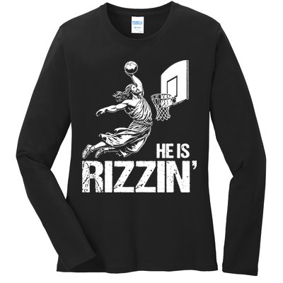 Jesus Playing Basketball He Is Rizzin Trending Funny Jesus Ladies Long Sleeve Shirt