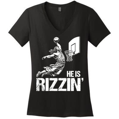 Jesus Playing Basketball He Is Rizzin Trending Funny Jesus Women's V-Neck T-Shirt