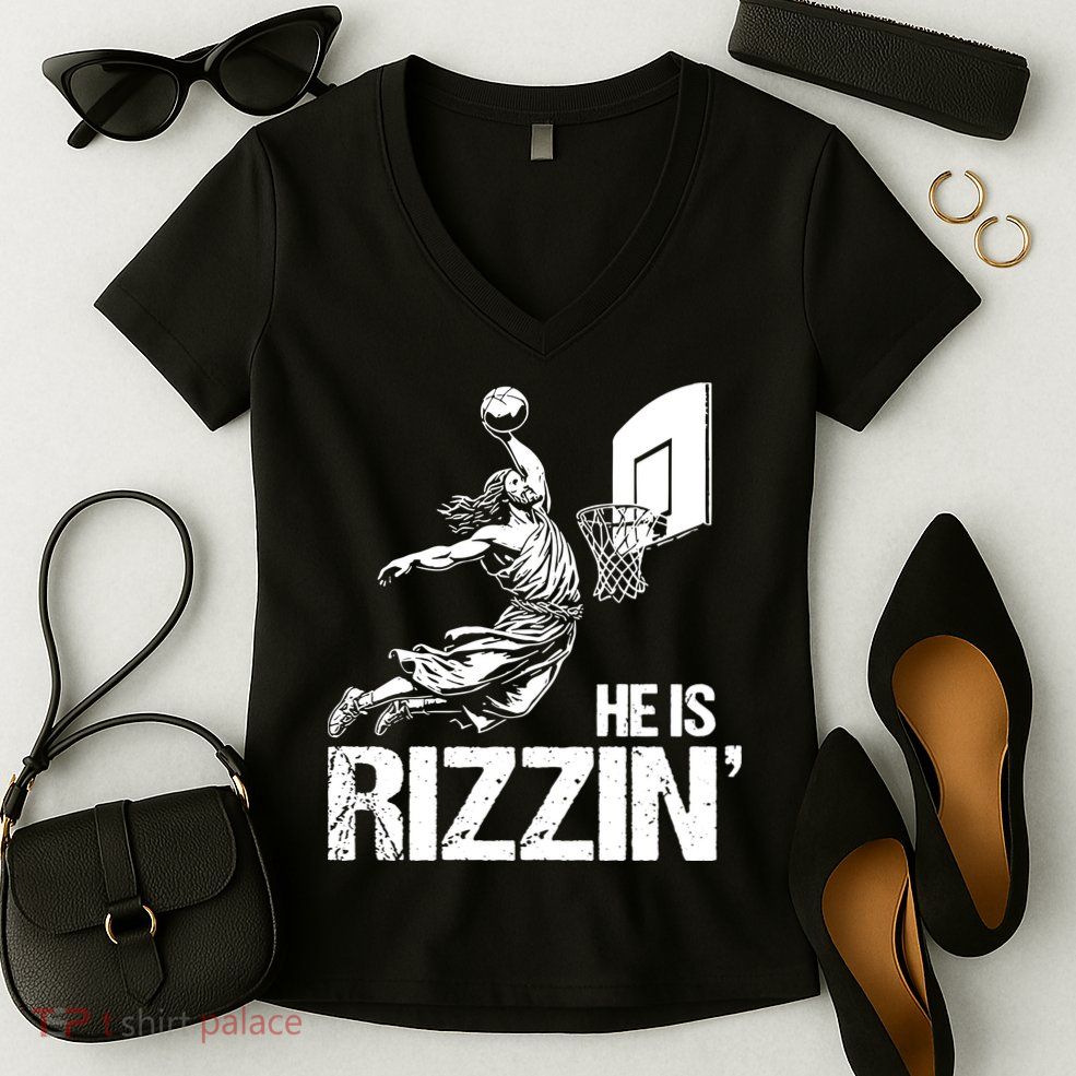 Jesus Playing Basketball He Is Rizzin Trending Funny Jesus Women's V-Neck T-Shirt