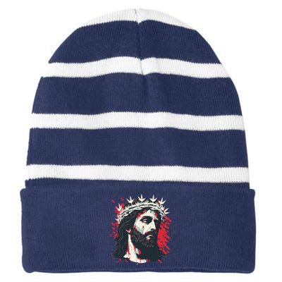 Jesus Painting Christianity Striped Beanie with Solid Band