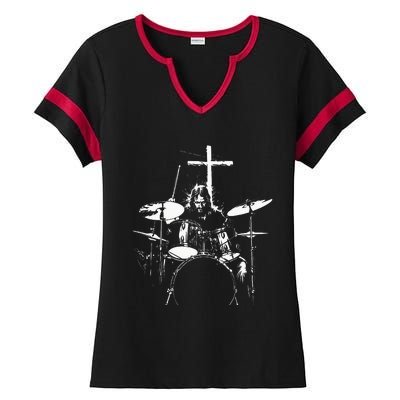 Jesus Playing Drums Christian Drummer Cross Ladies Halftime Notch Neck Tee