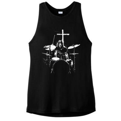 Jesus Playing Drums Christian Drummer Cross Ladies PosiCharge Tri-Blend Wicking Tank