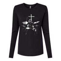 Jesus Playing Drums Christian Drummer Cross Womens Cotton Relaxed Long Sleeve T-Shirt