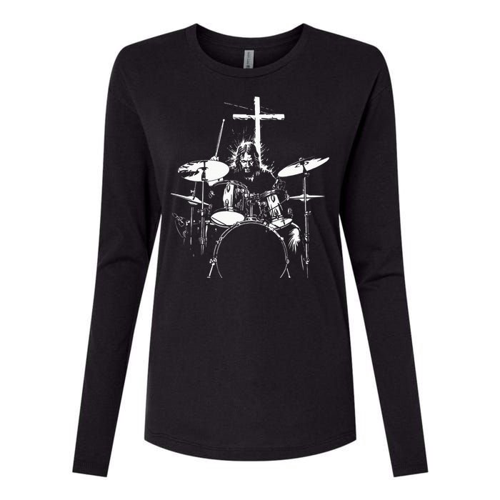 Jesus Playing Drums Christian Drummer Cross Womens Cotton Relaxed Long Sleeve T-Shirt