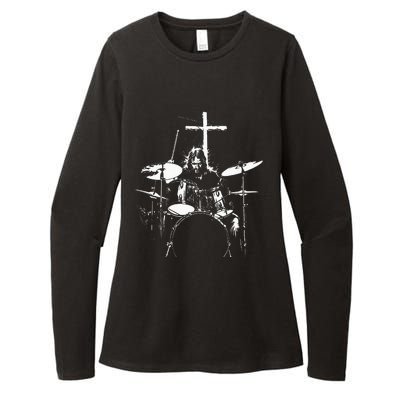 Jesus Playing Drums Christian Drummer Cross Womens CVC Long Sleeve Shirt