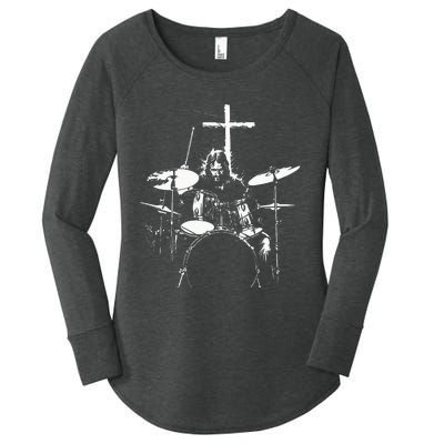 Jesus Playing Drums Christian Drummer Cross Women's Perfect Tri Tunic Long Sleeve Shirt