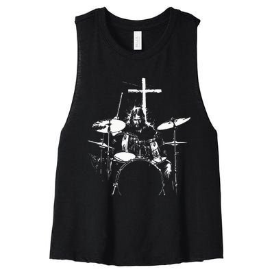 Jesus Playing Drums Christian Drummer Cross Women's Racerback Cropped Tank