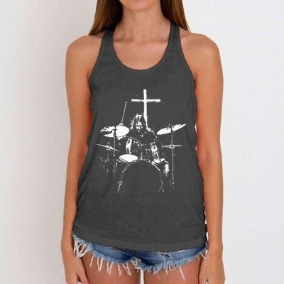 Jesus Playing Drums Christian Drummer Cross Women's Knotted Racerback Tank