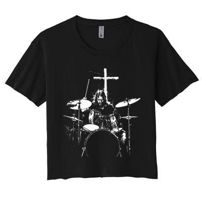 Jesus Playing Drums Christian Drummer Cross Women's Crop Top Tee