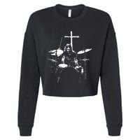 Jesus Playing Drums Christian Drummer Cross Cropped Pullover Crew