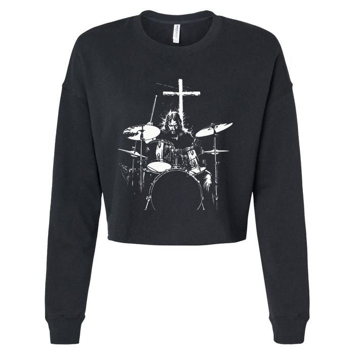 Jesus Playing Drums Christian Drummer Cross Cropped Pullover Crew