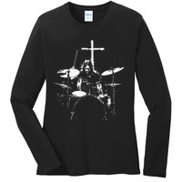 Jesus Playing Drums Christian Drummer Cross Ladies Long Sleeve Shirt