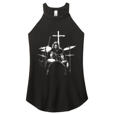 Jesus Playing Drums Christian Drummer Cross Women’s Perfect Tri Rocker Tank