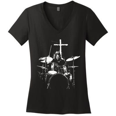 Jesus Playing Drums Christian Drummer Cross Women's V-Neck T-Shirt