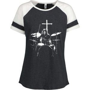 Jesus Playing Drums Christian Drummer Cross Enza Ladies Jersey Colorblock Tee