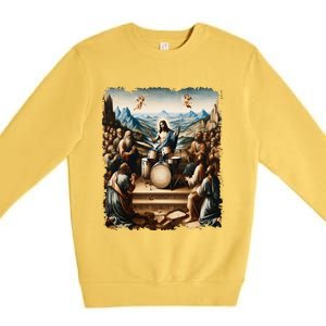 Jesus Playing Drums Funny Christian Drummer Painting Premium Crewneck Sweatshirt