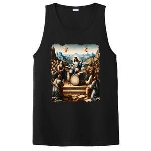 Jesus Playing Drums Funny Christian Drummer Painting PosiCharge Competitor Tank