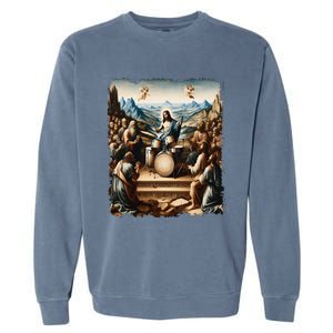 Jesus Playing Drums Funny Christian Drummer Painting Garment-Dyed Sweatshirt