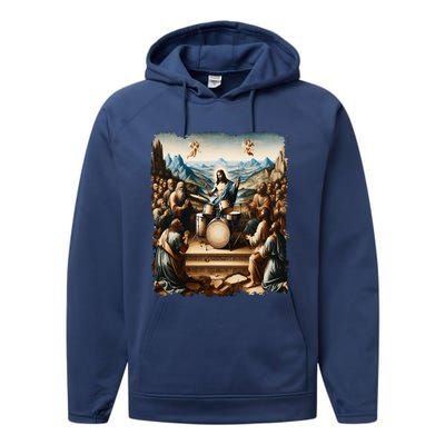 Jesus Playing Drums Funny Christian Drummer Painting Performance Fleece Hoodie