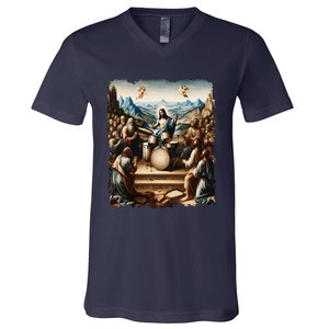 Jesus Playing Drums Funny Christian Drummer Painting V-Neck T-Shirt