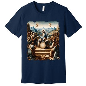 Jesus Playing Drums Funny Christian Drummer Painting Premium T-Shirt