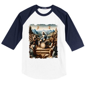 Jesus Playing Drums Funny Christian Drummer Painting Baseball Sleeve Shirt