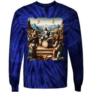 Jesus Playing Drums Funny Christian Drummer Painting Tie-Dye Long Sleeve Shirt