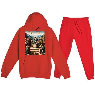 Jesus Playing Drums Funny Christian Drummer Painting Premium Hooded Sweatsuit Set