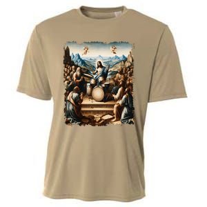 Jesus Playing Drums Funny Christian Drummer Painting Cooling Performance Crew T-Shirt