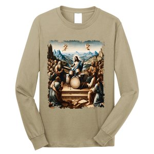 Jesus Playing Drums Funny Christian Drummer Painting Long Sleeve Shirt