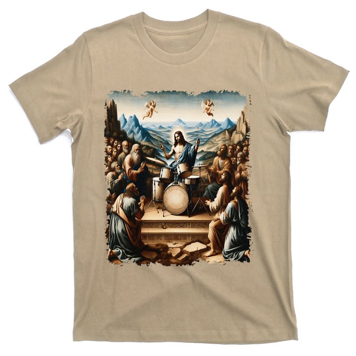 Jesus Playing Drums Funny Christian Drummer Painting T-Shirt