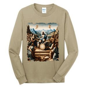 Jesus Playing Drums Funny Christian Drummer Painting Tall Long Sleeve T-Shirt