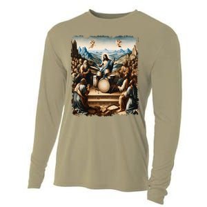 Jesus Playing Drums Funny Christian Drummer Painting Cooling Performance Long Sleeve Crew