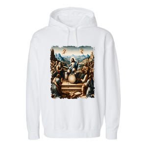 Jesus Playing Drums Funny Christian Drummer Painting Garment-Dyed Fleece Hoodie