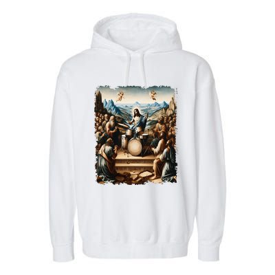 Jesus Playing Drums Funny Christian Drummer Painting Garment-Dyed Fleece Hoodie