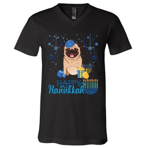 Jewish Pug Dog Orah Hat Chanukah Hanukkah Jewish Xmas V-Neck T-Shirt